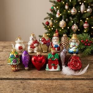 Thomas Pacconi Glass Christmas Ornaments Set 12 Wood Box Hand Painted Vintage